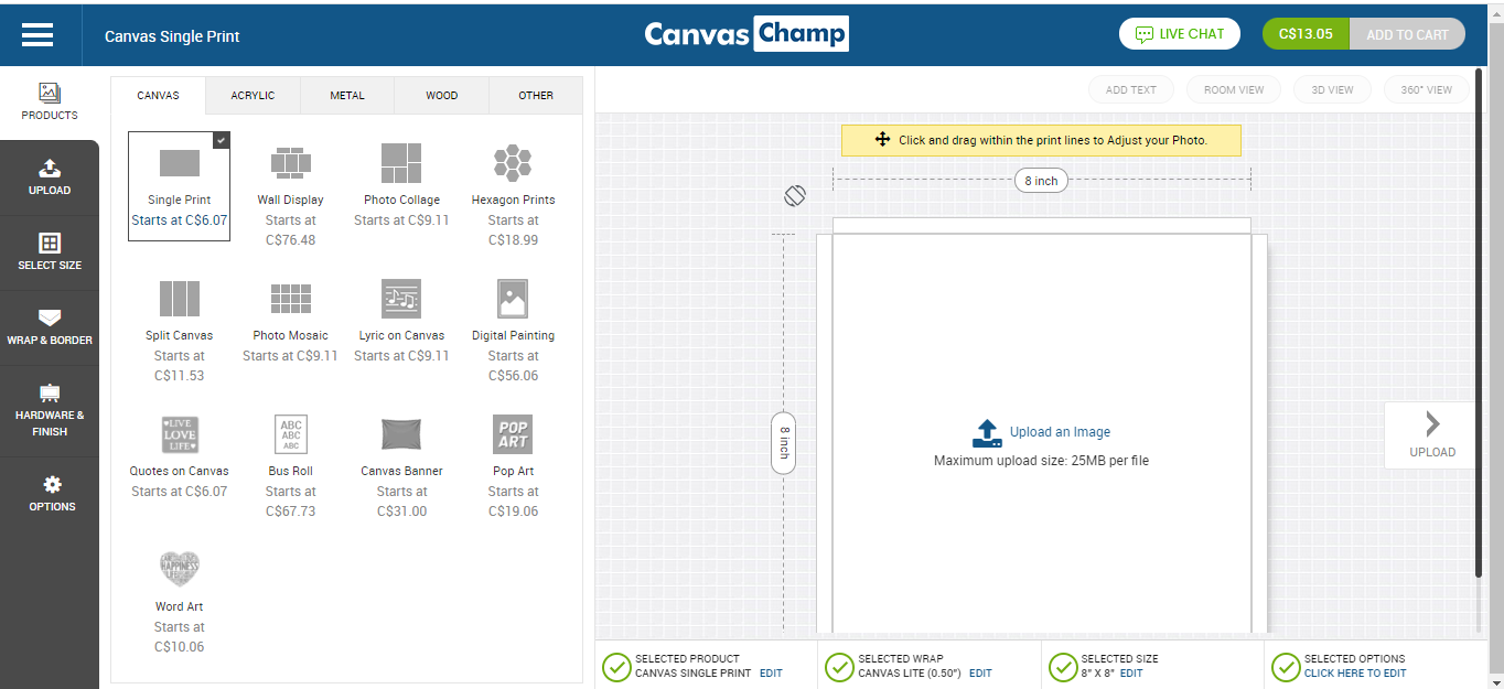 select the canvas type and material
