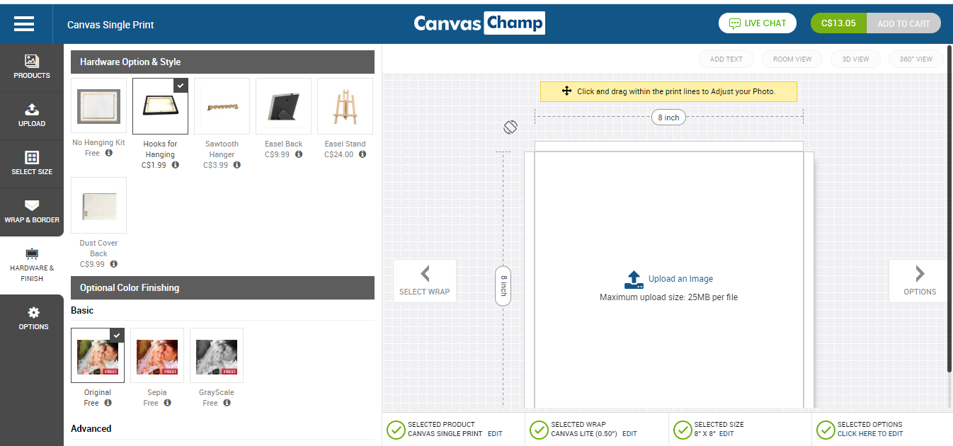 Select the Hardware Style & Color for Canvas Print