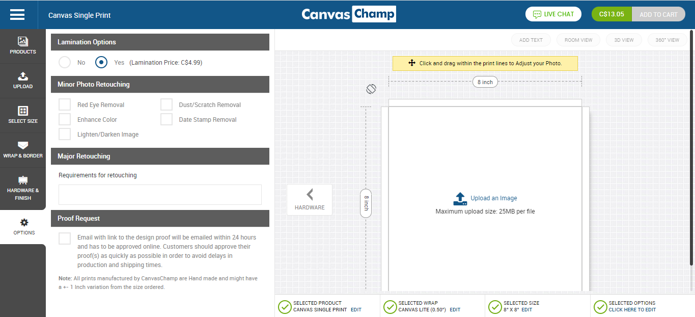 select the lamination option for custom canvas print