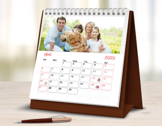 Family photo with pet printed on desk calendar